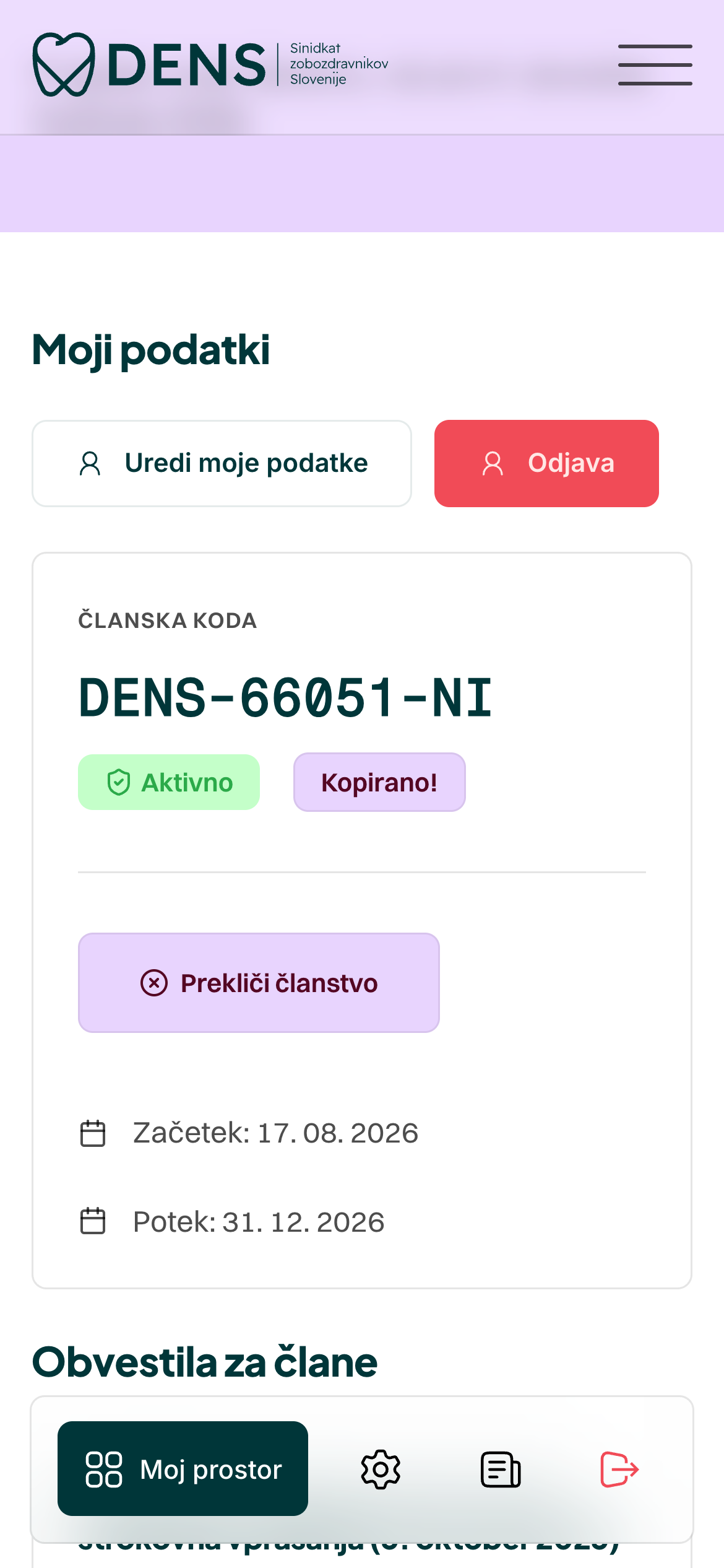 Potrditev kopiranja članske kode